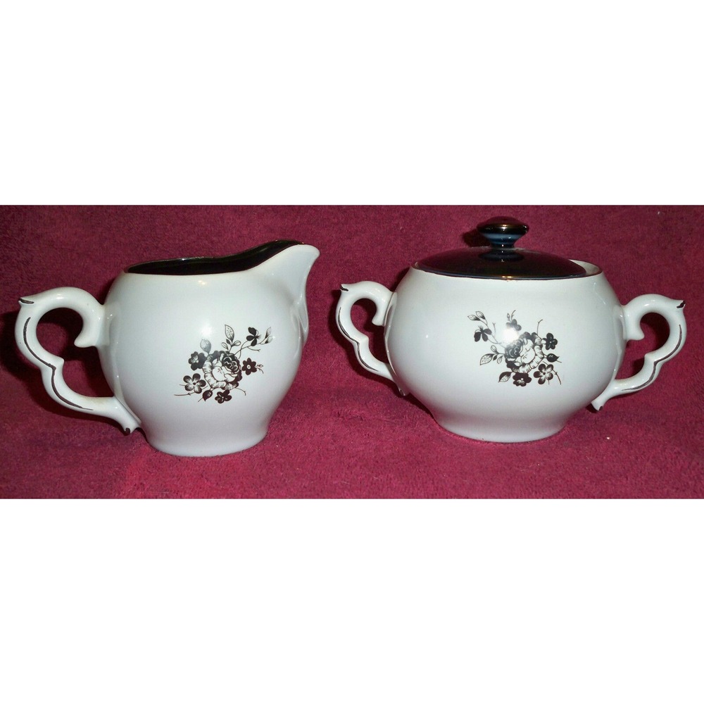 Cream Sugar Set w/Lid White Black inside scalloped handles platinum trim flowers